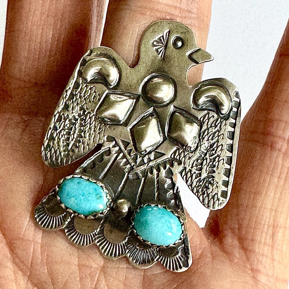 Navajo Thunderbird‎ Ring Turquoise Sz 7 Sterling Signed T Yazzie Native American